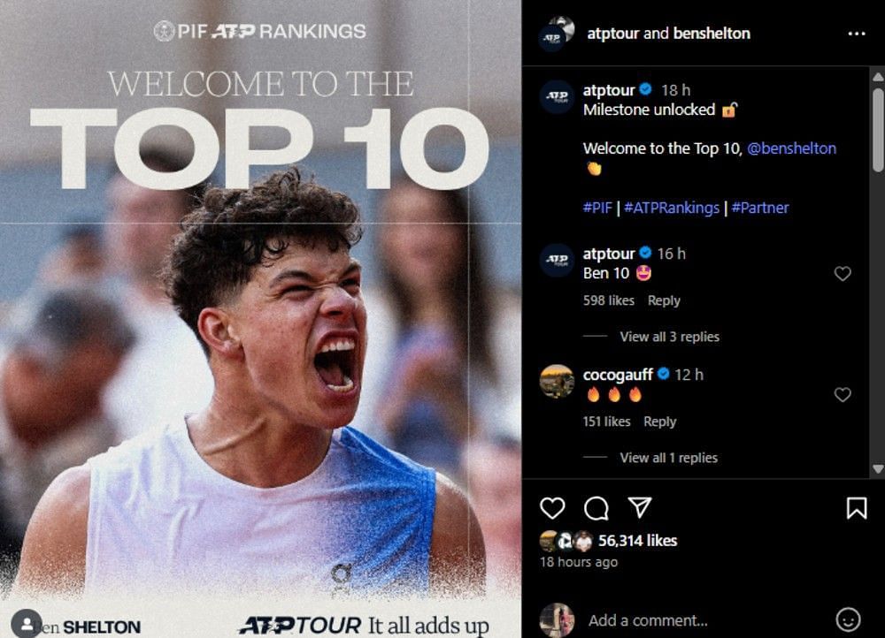 Screenshot of the Instagram post's comment section. (via Instagram@atptour)